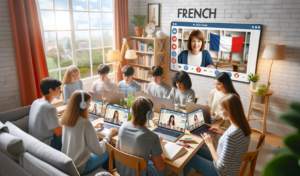 Teenagers in online French class with virtual teacher
